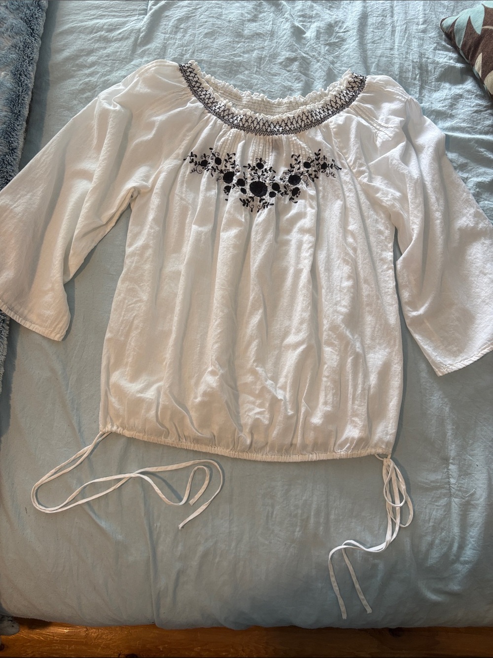 Lucky Brand White Peasant Top with Black Floral Embroidery